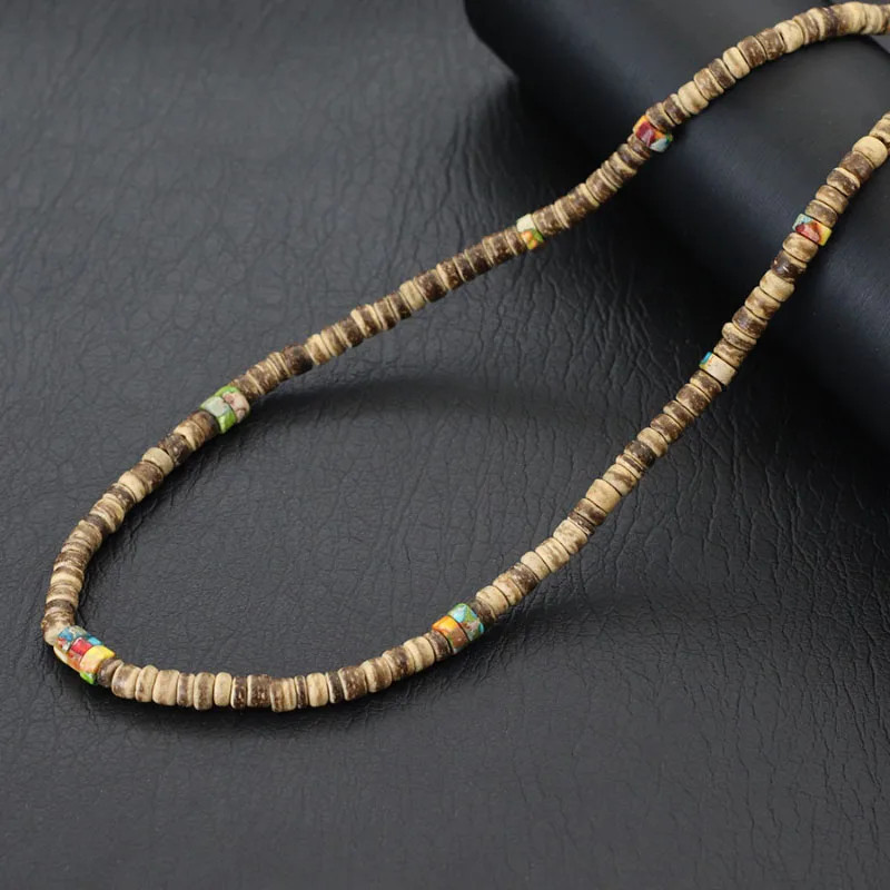 Natural Coconut Wood Necklace 19 Inch Round Bead Rope Chain Men Jewelry