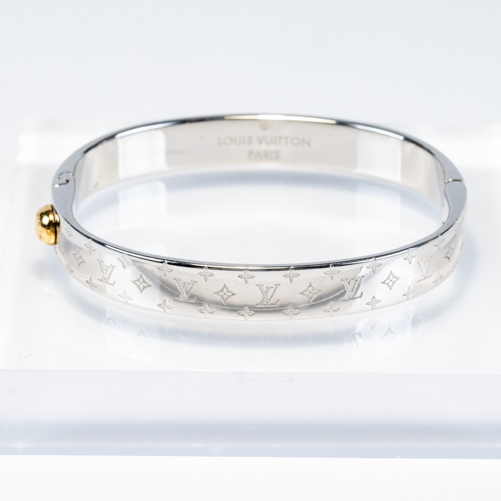 Louis Vuitton LV Nanogram Cuff Bracelet M00250 Bangle Silver Tone Size M