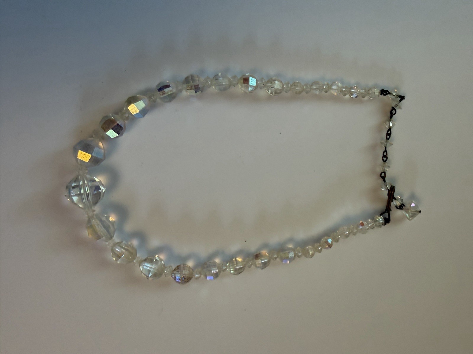 VintageClear Faceted Iridescent Glass Beaded Necklace 16in, Hook Closure