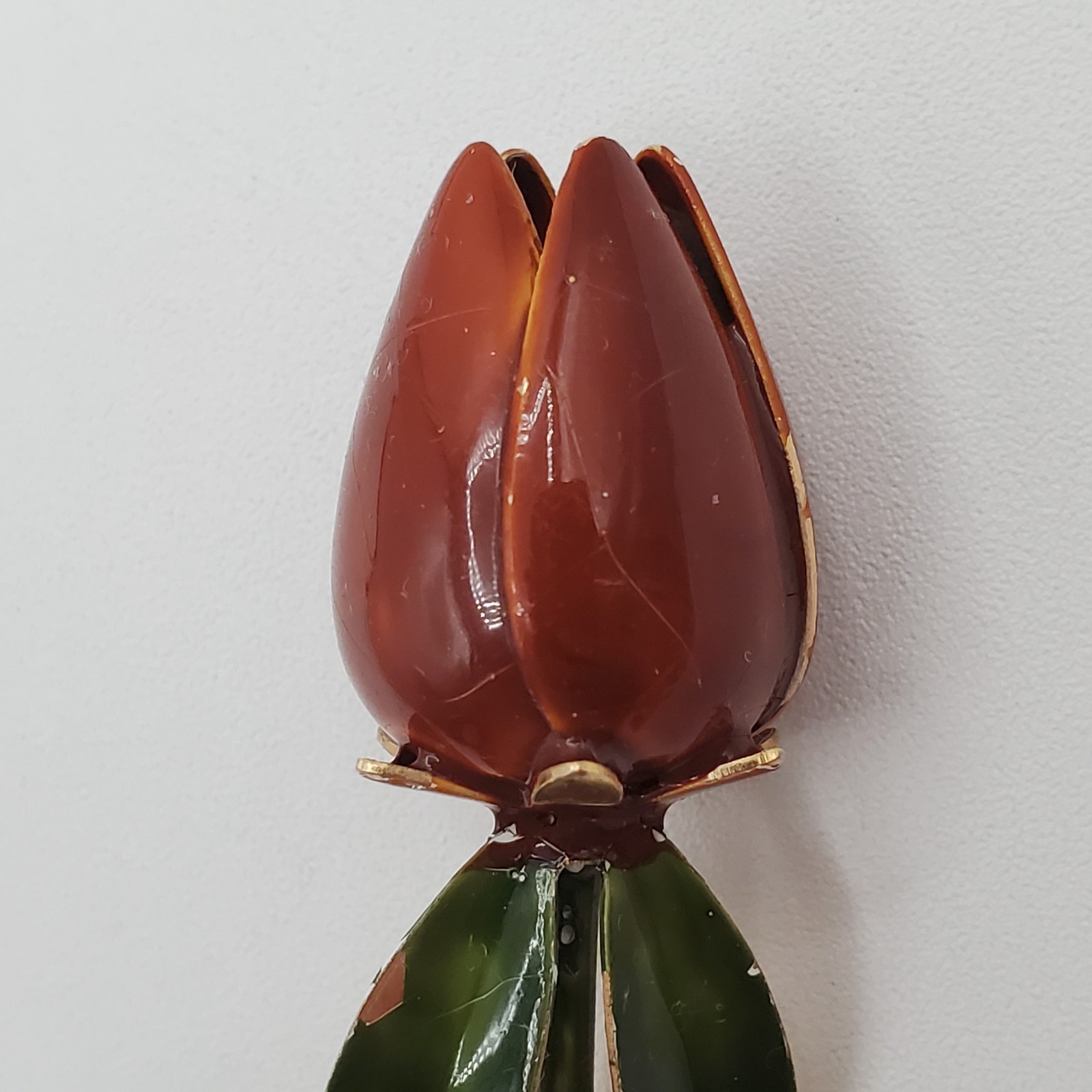 VTG Tulip Brooch 3in Brown Green Enamel Flower Stem Estate Parts Restore FLAW