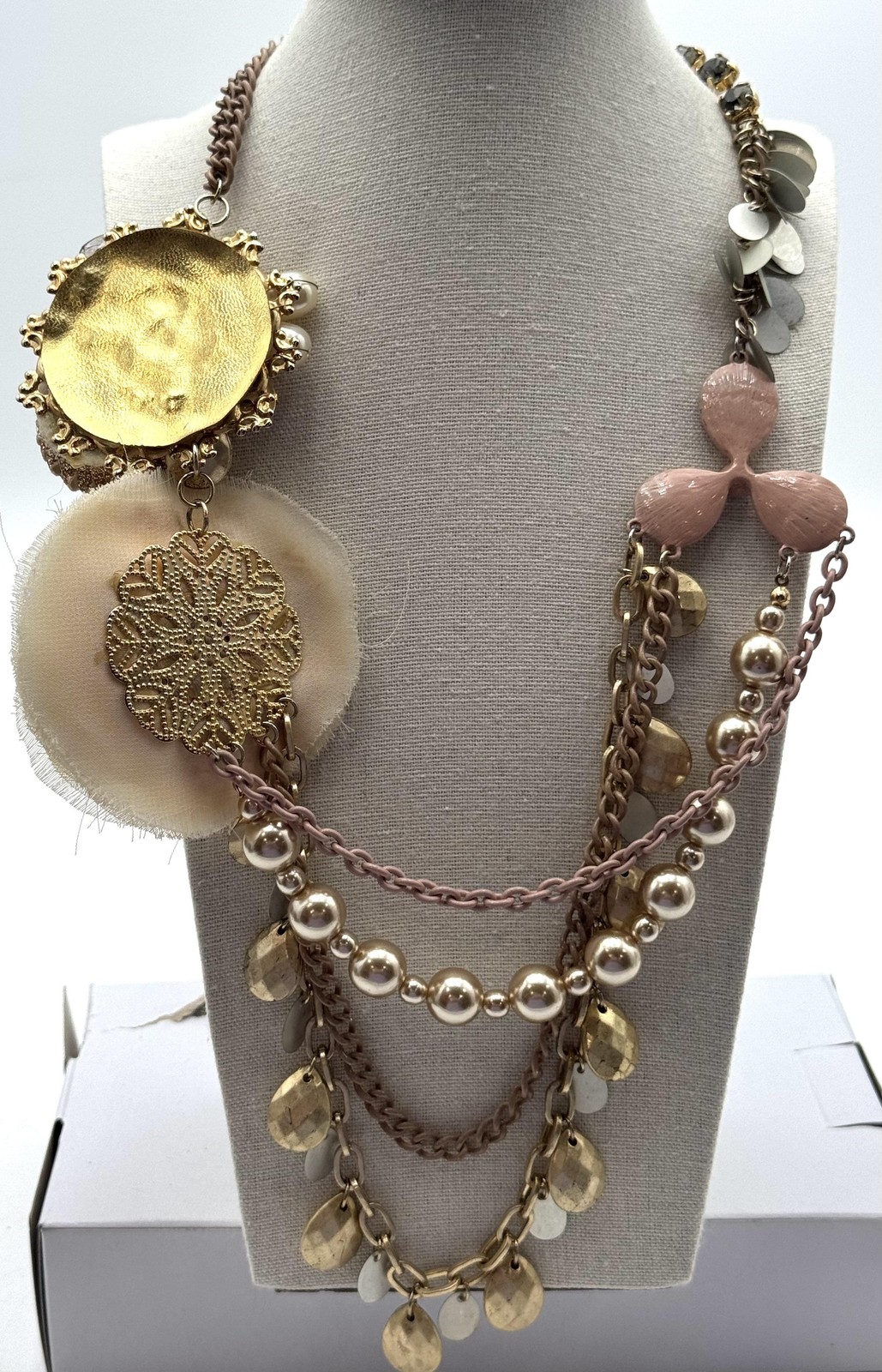 Statement Bib Necklace Multi Strand Gold Tone Pink Beads Flower Fabric Petals