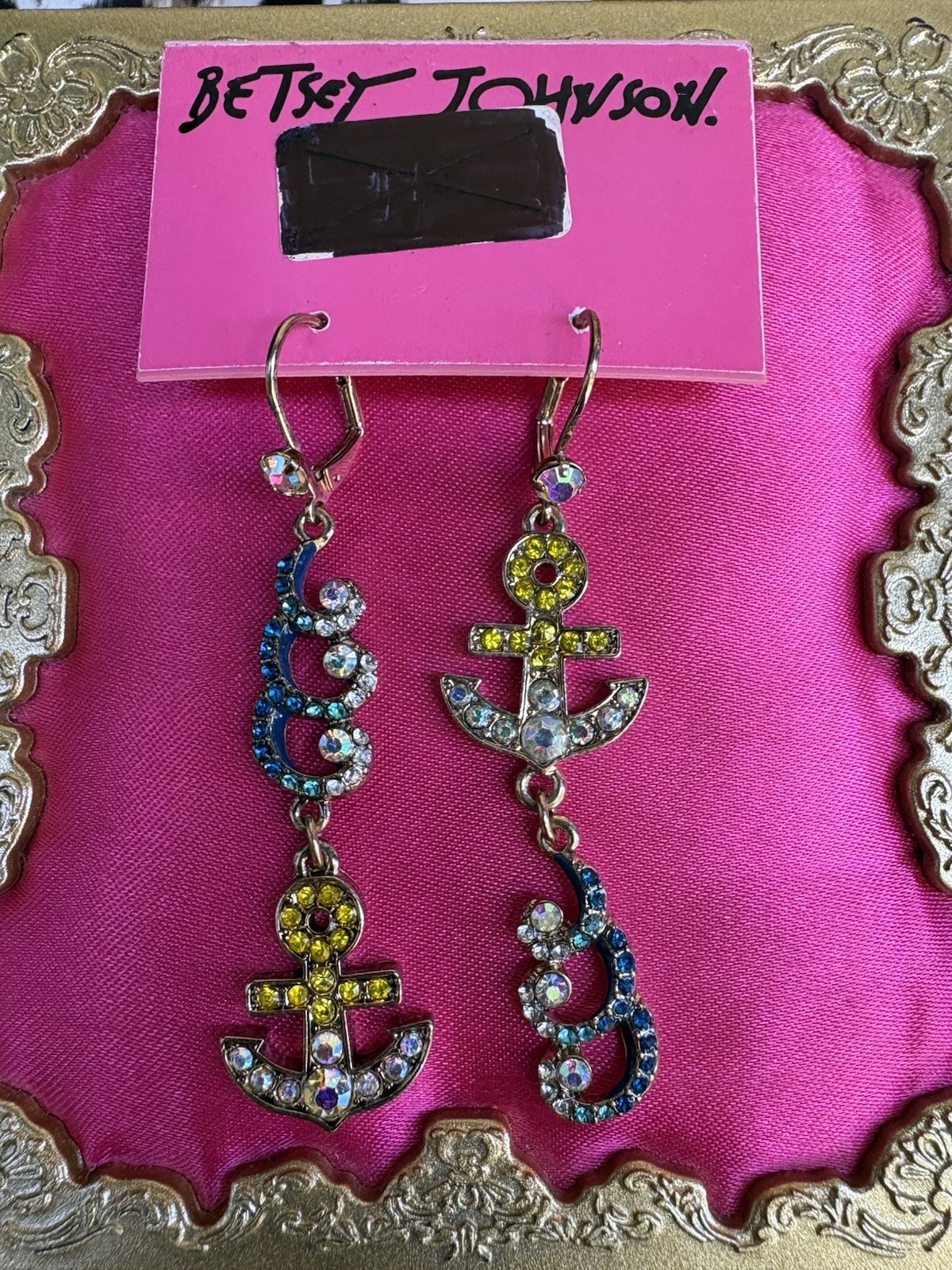 Betsey Johnson Ship Shape Blue Crystal Wave Ocean Water Yellow Anchor Earrings