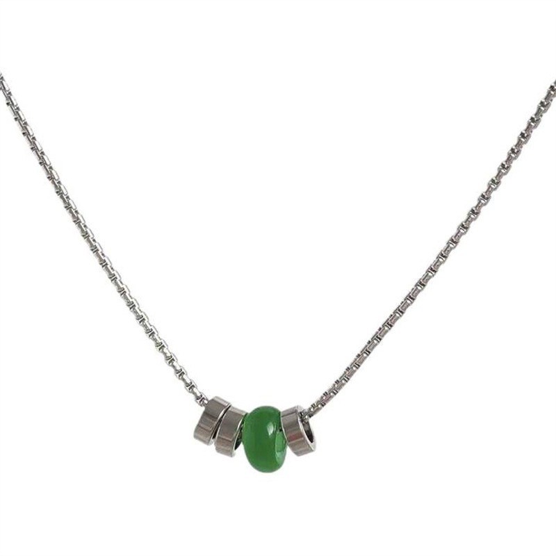 Silver 316 Stainless Steel Box Chain60cm Necklace Green Jade Bead Unisex Jewelry