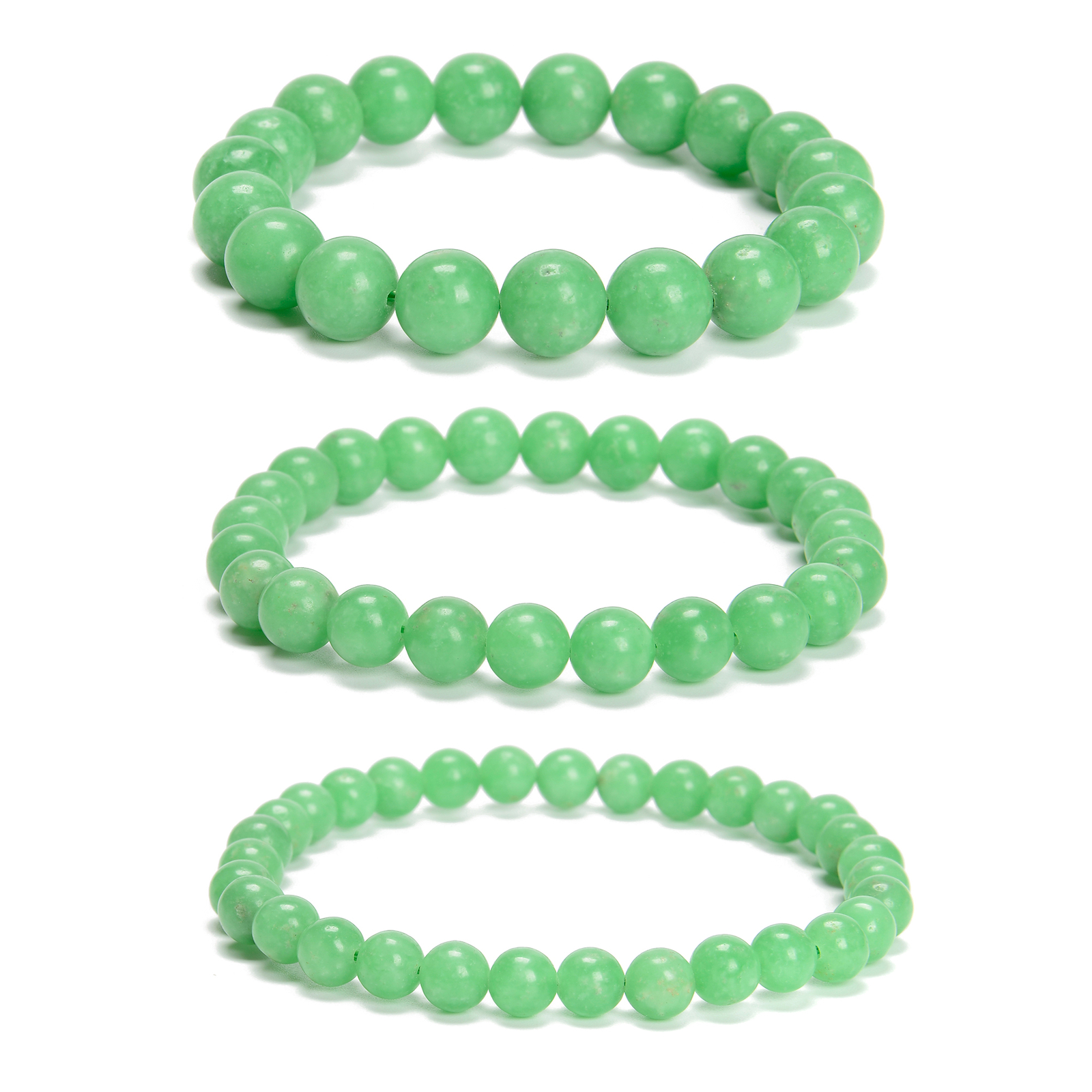 Green Jadeite Jade Smooth Round Beads Bracelet 6mm 8mm 10mm 7.5”Length 3PCS/Set
