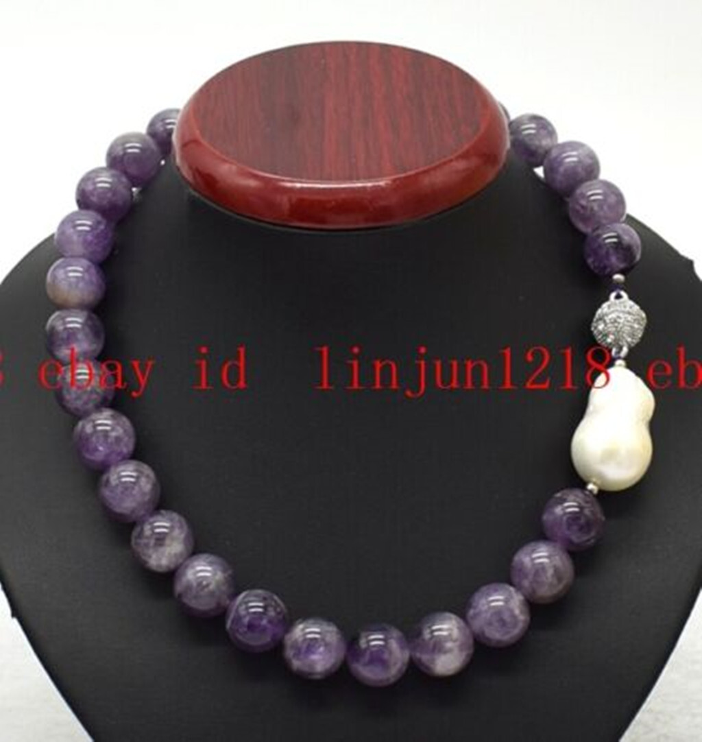 Rare Huge 14mm Amethyst Aquamarine Gemstone White Baroque Pearl Necklace 18 in