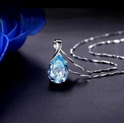 3Ct Pear Cut Aquamarine Simulated FancyPendant Free Chain 14k White Gold Plated