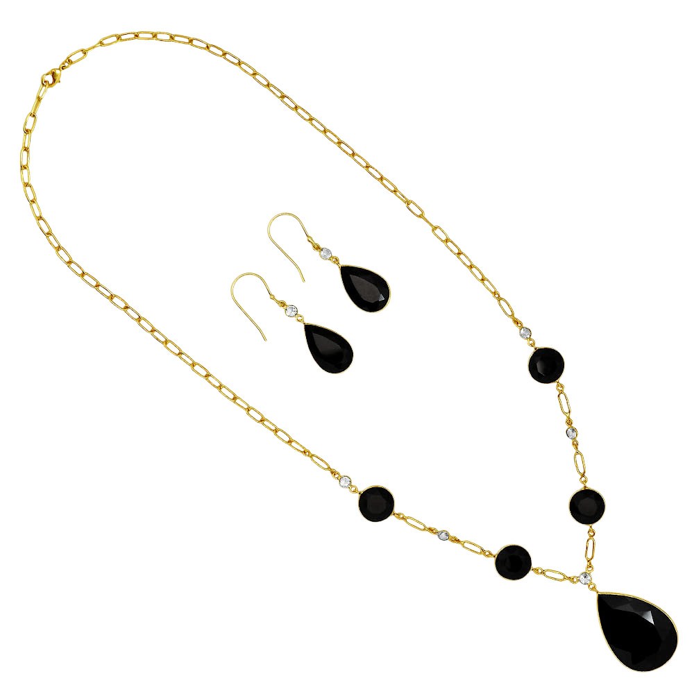 18K Gold Over Brass Black Onyx & Sky Blue Topaz Necklace Earrings Set TT01003