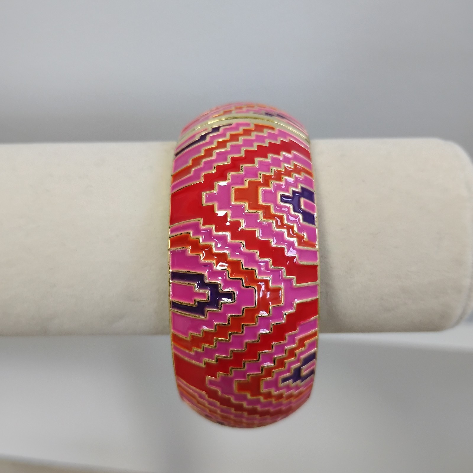 Pink Red Zigzag Enamel Dome Bangle Hinged Bracelet Small Wrist 6.5