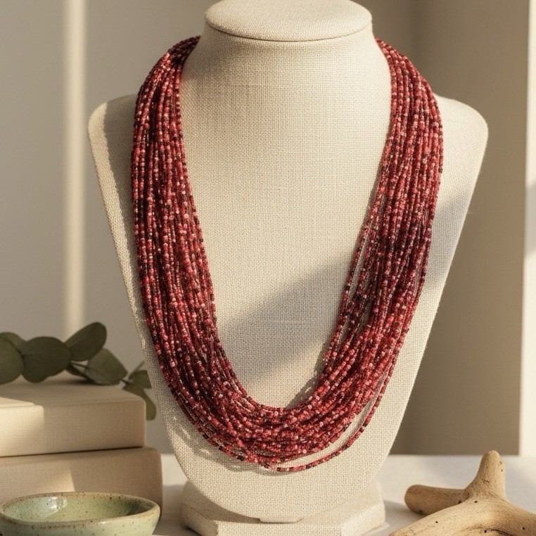 20 Strand Red Pink Seed Bead Necklace 30-33” Boho Statement Collar