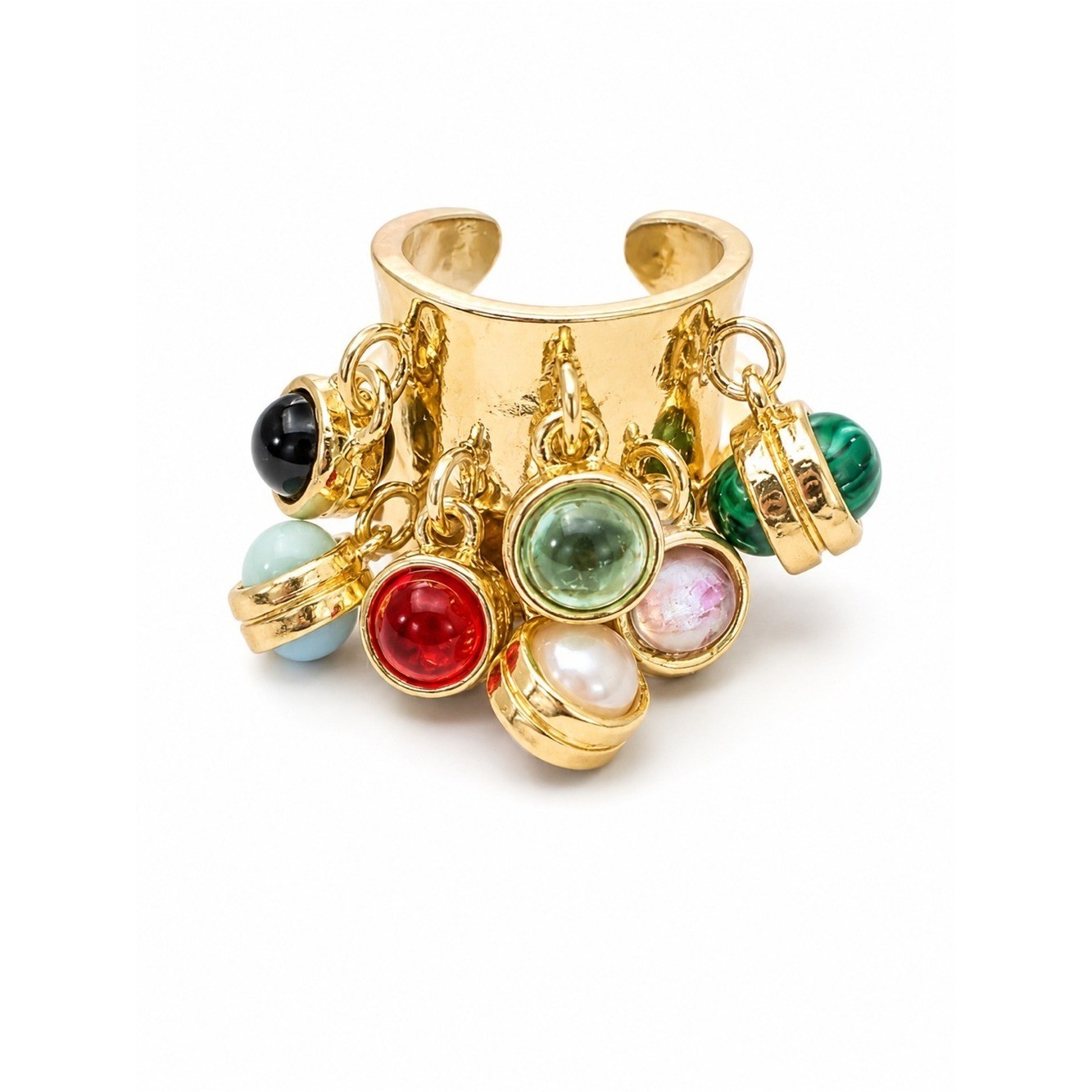 New Gold Tone Multi-Cabochon Charm Statement Ring – Adjustable Boho Cocktail