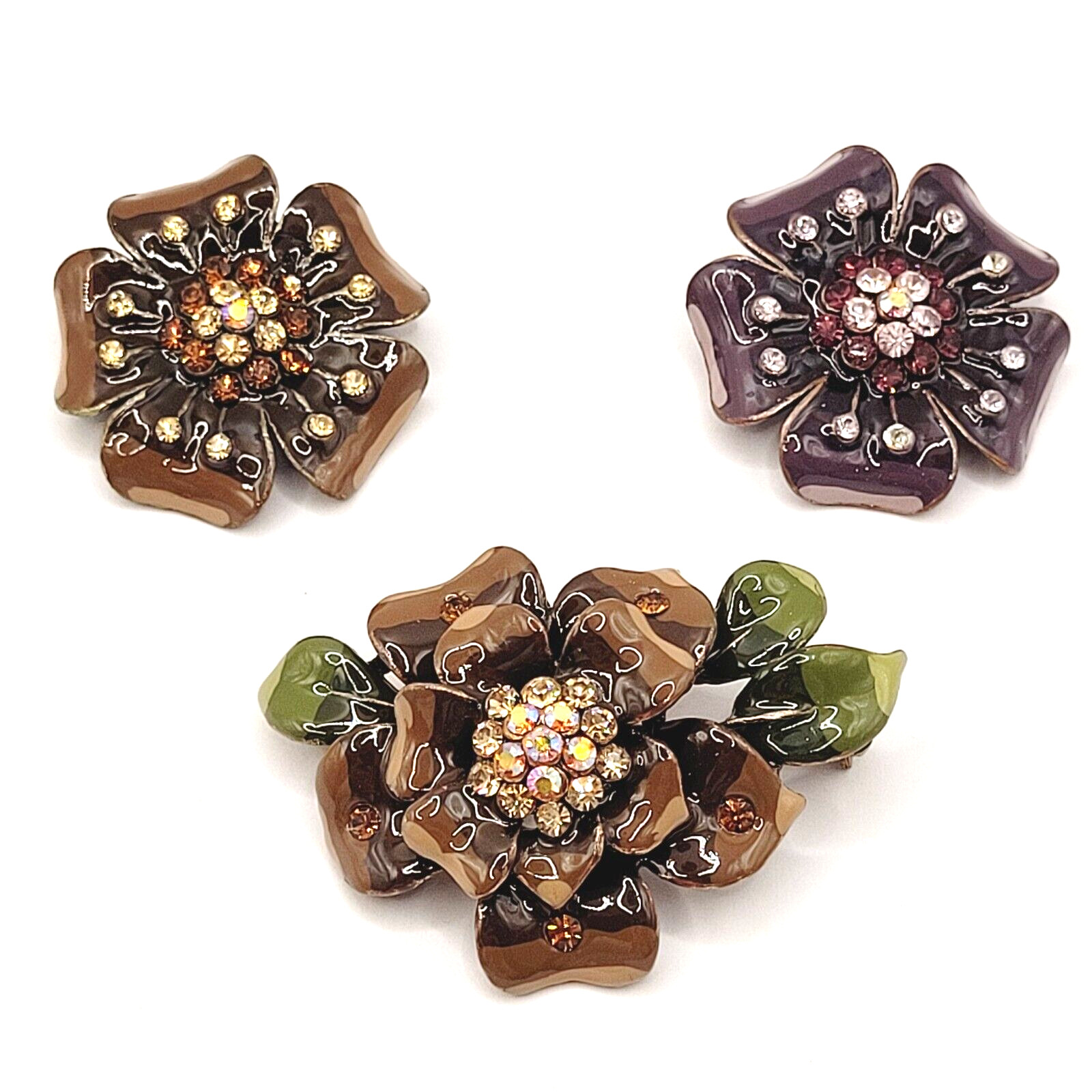 3 Flowers Sparkling Rhinestone Glossy Enamel Metal Floral Trio Brooch Pin Set
