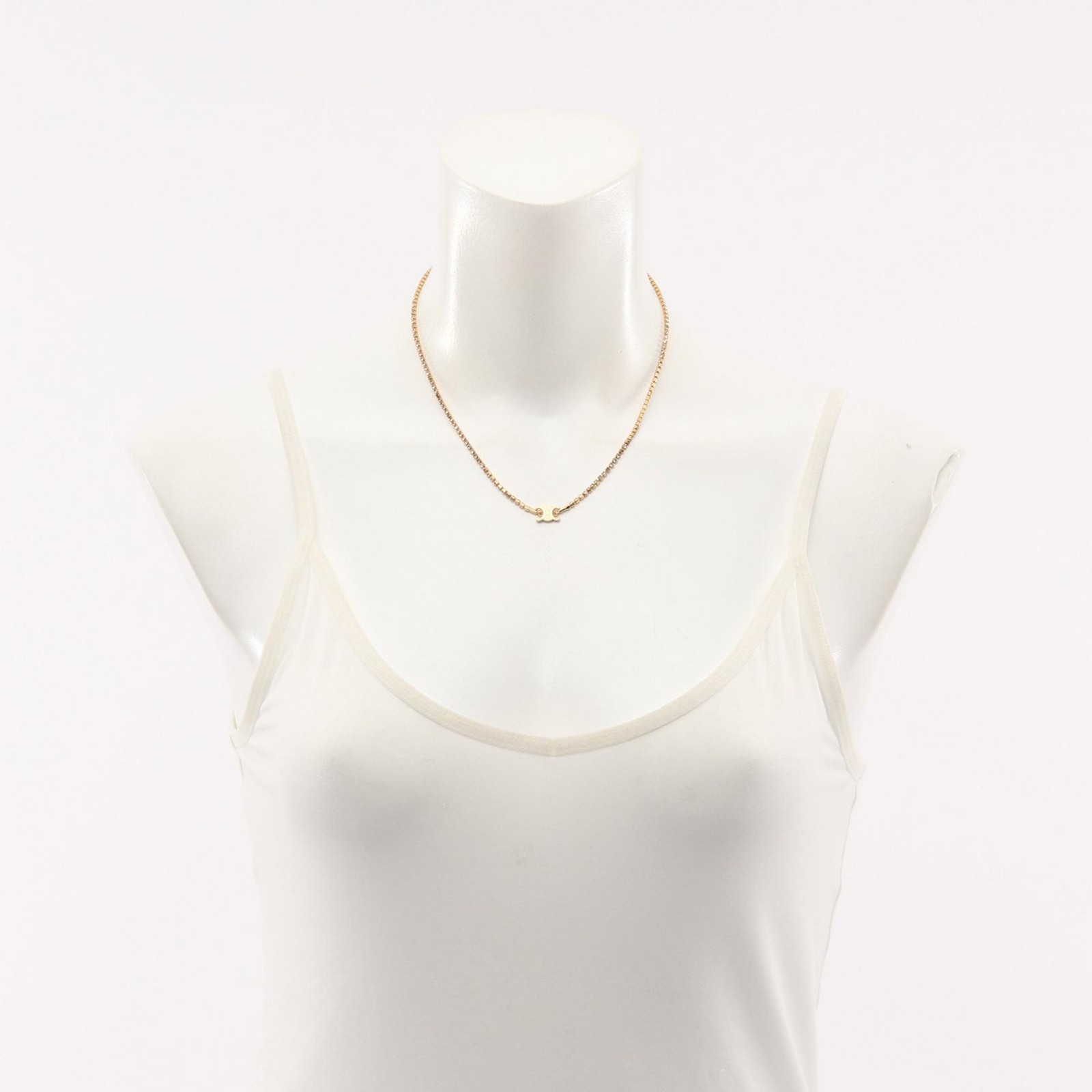 CELINE Triomphe Sparkle Necklace Gold Plated Rhinestone Used 36~42cm