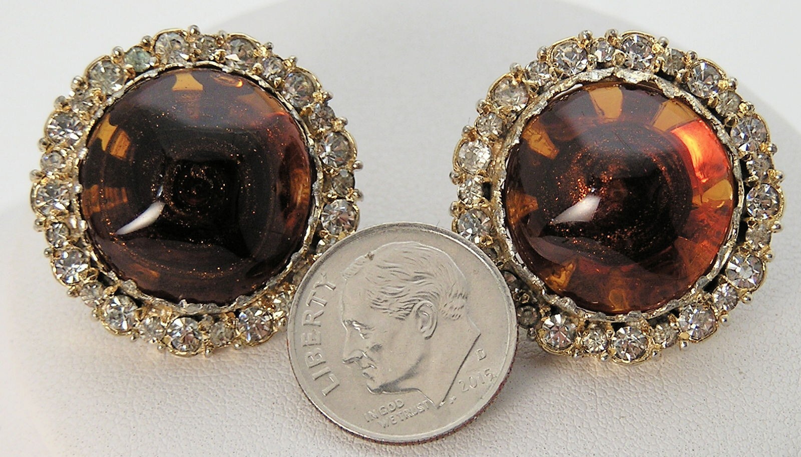 Nettie Rosenstein Bronze w/Gold Metalflake Swirl Cabochon & Rhinestone Earrings