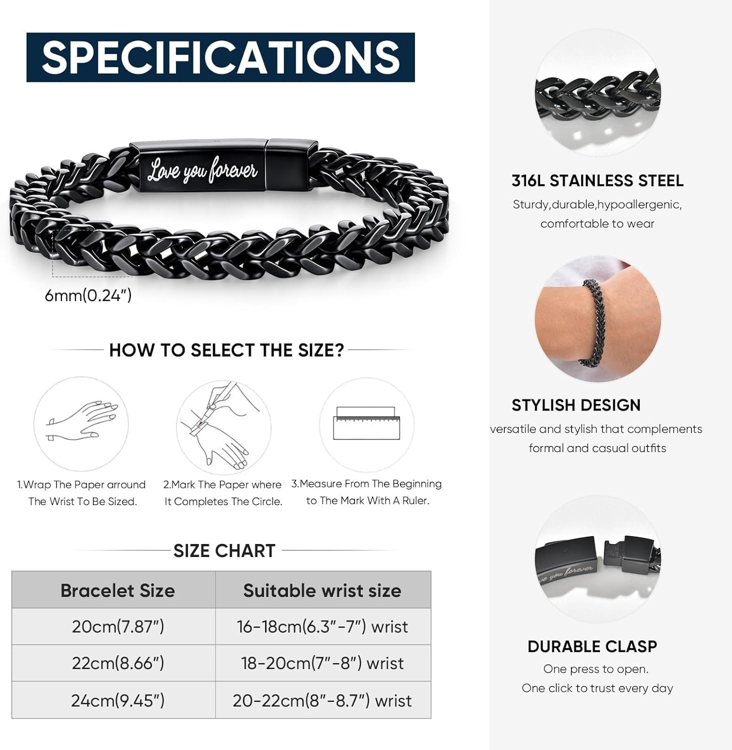 Black Chain Bracelets for Men : Stainless Steel Franco Chains Love You Forever E