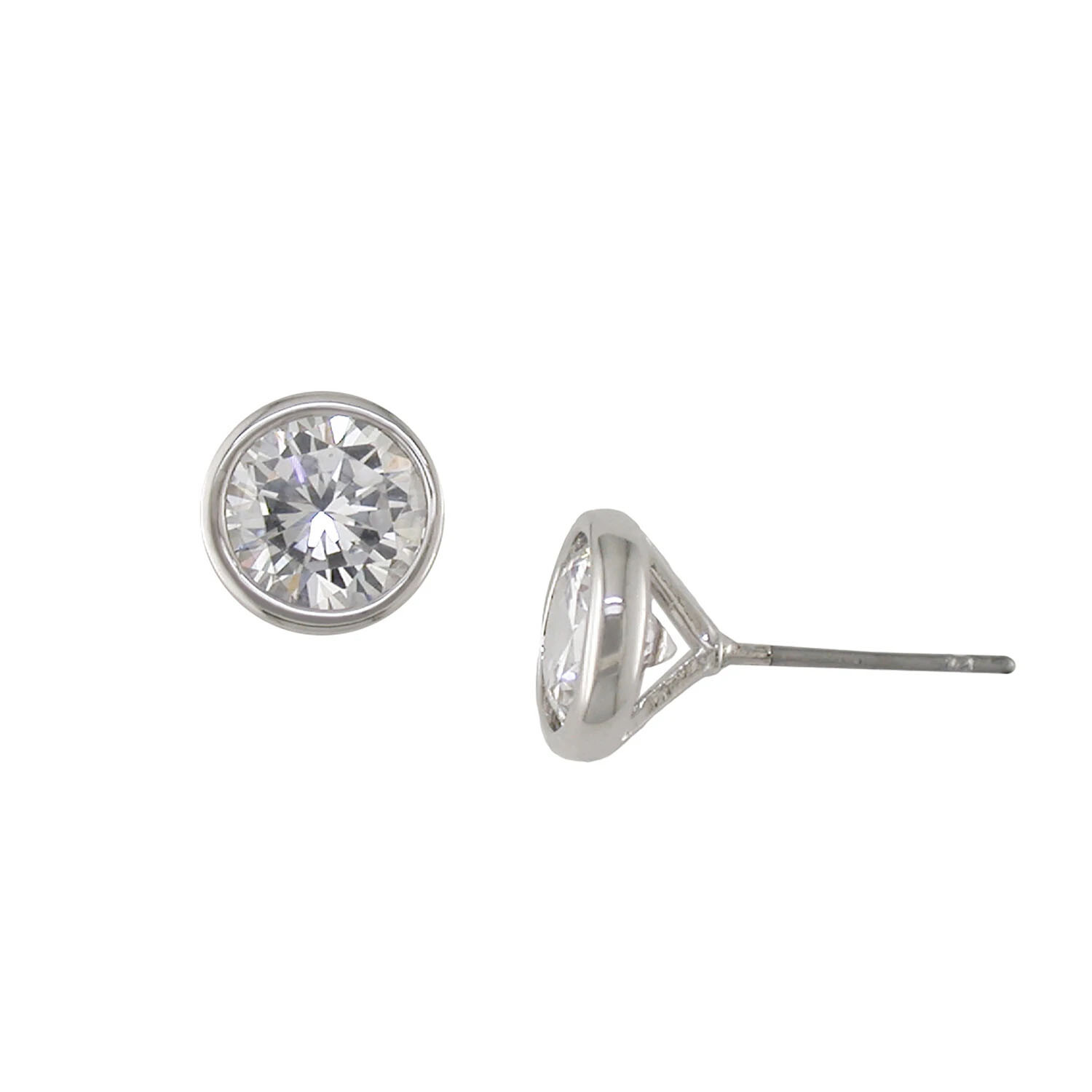 Rhodium ‘nickel free’ new style bezel set 6.5mm white CZ stud earrings