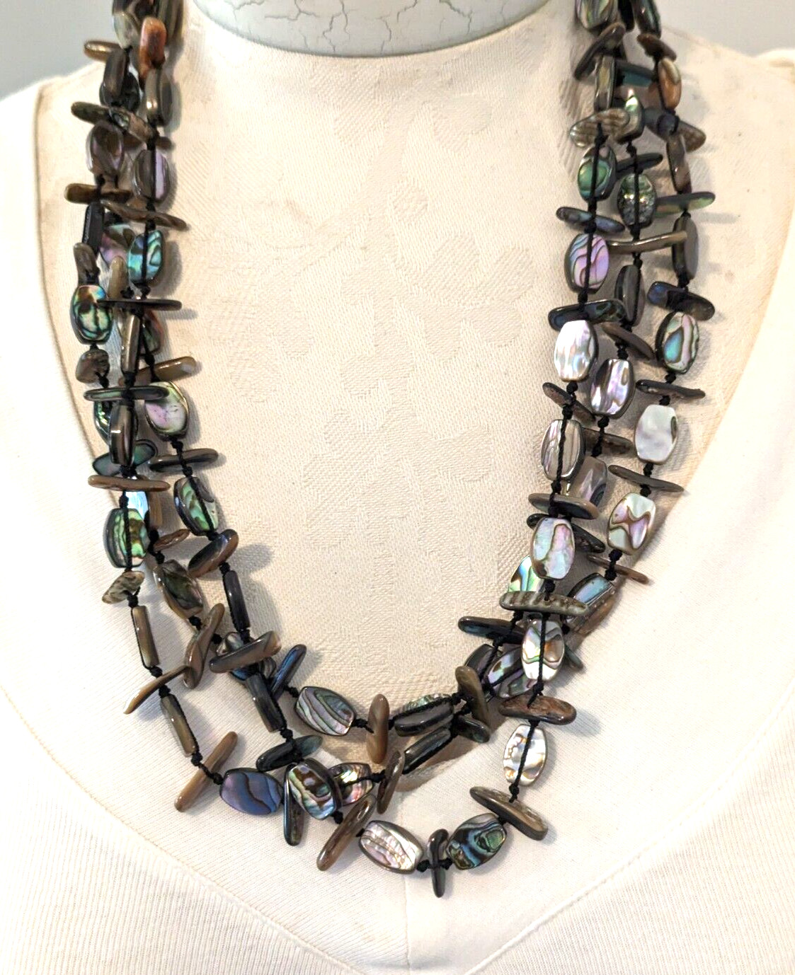 Vtg 3 Strand Rainbow ABALONE SHELL HAND KNOTTED Statement Necklace 24″ Long