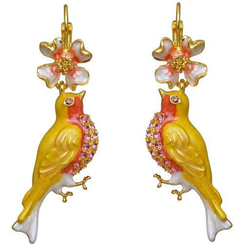 Kirks Folly Turtle Doves Birds & Flowers Leverback Earrings GT Hand Enameled