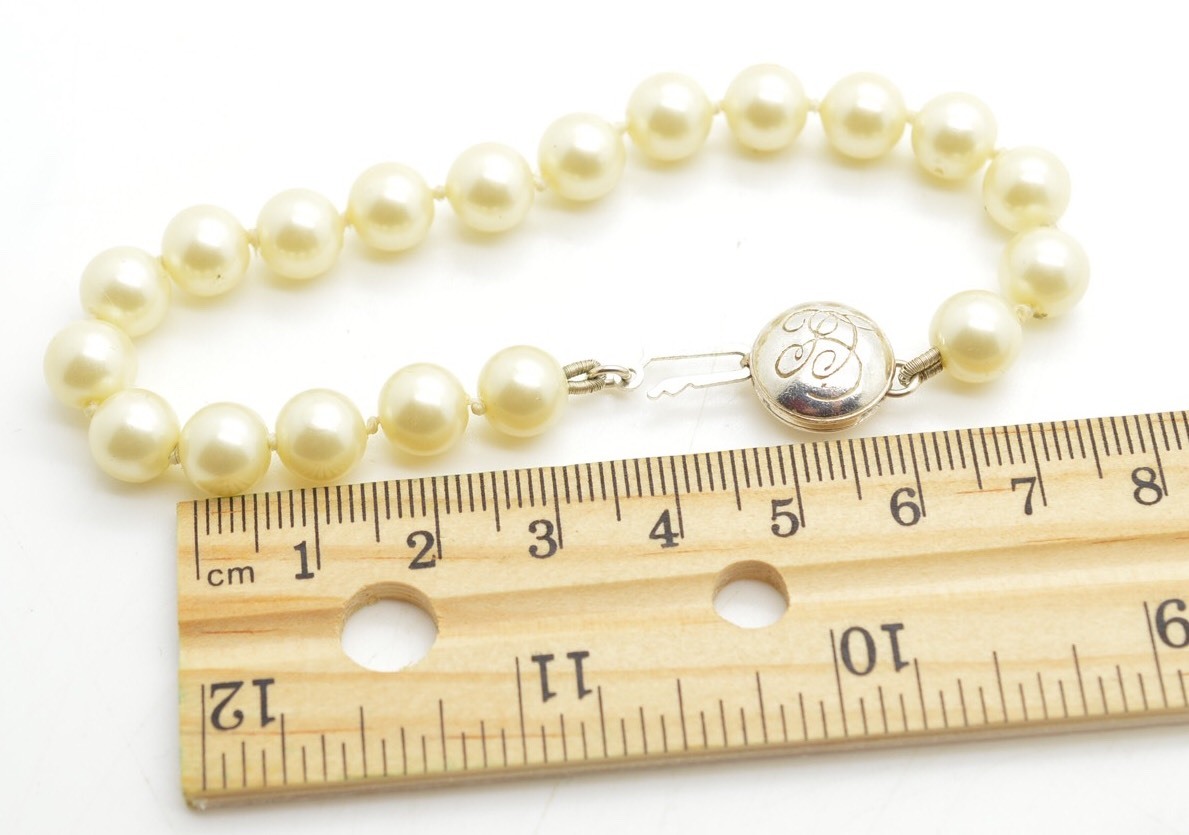 Signed Carolee Lux Sterling Silver Clasp Glass Pearl Bracelet Signed 6.5 Inches