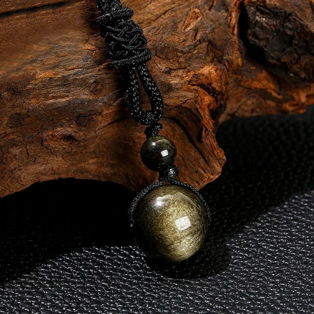 Gold Sheen Obsidian Necklace 16mm Round Bead Pendant Healing Women Men Amulet