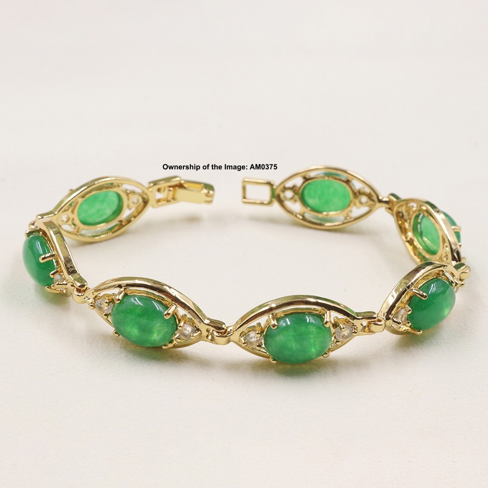 18K Gold Plated Alloy Heated Green Jade Oval Gemstone Bracelet Gift 6.88INCH