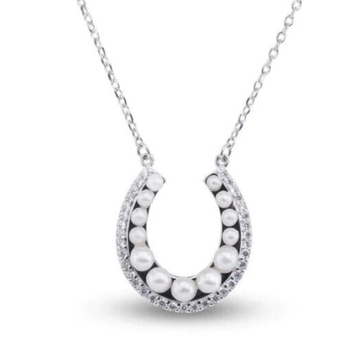 Solid 925 Sterling Silver Horseshoe Pearl Necklace Pendant Simulated Diamonds