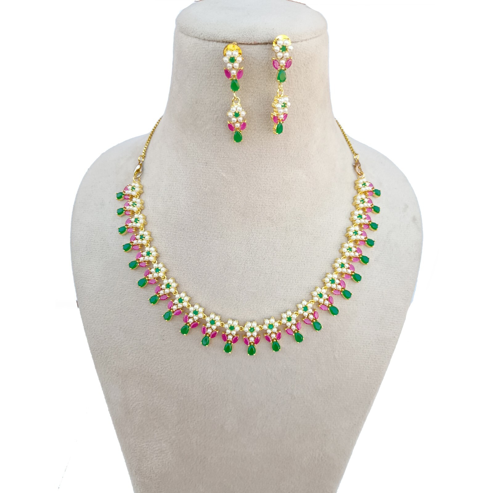 Ruby – Emerald & Pearl Gemstone Necklace , Gold plated Necklace Gift For Her