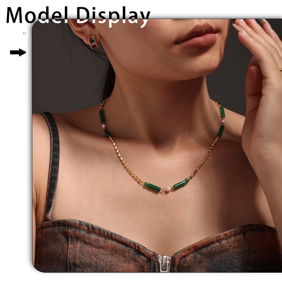 Stainless Steel Green Natural Stone Bamboo Bead Faux Pearl Necklace