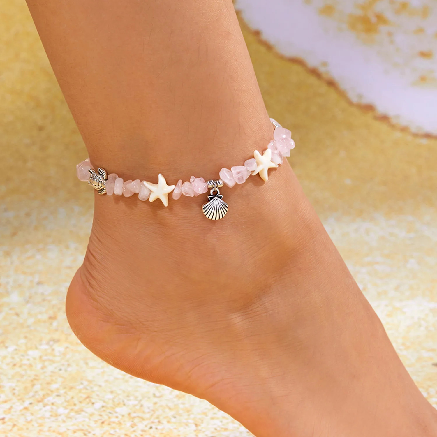 Summer Beach Stone Chain Anklets for Women Boho Turtle Starfish Shell Charm Ankl