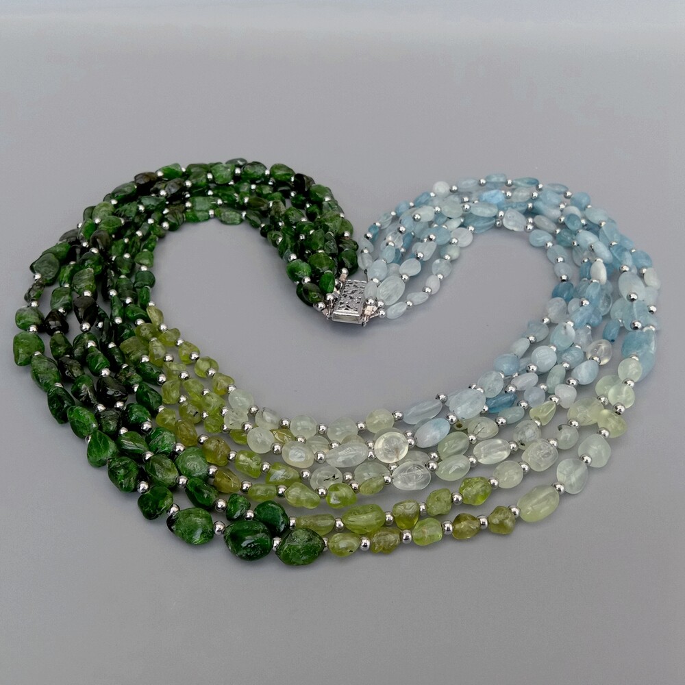 Statement Necklace 7 Rows Natural Aquamarine Peridot Diospside Prehnite Necklace