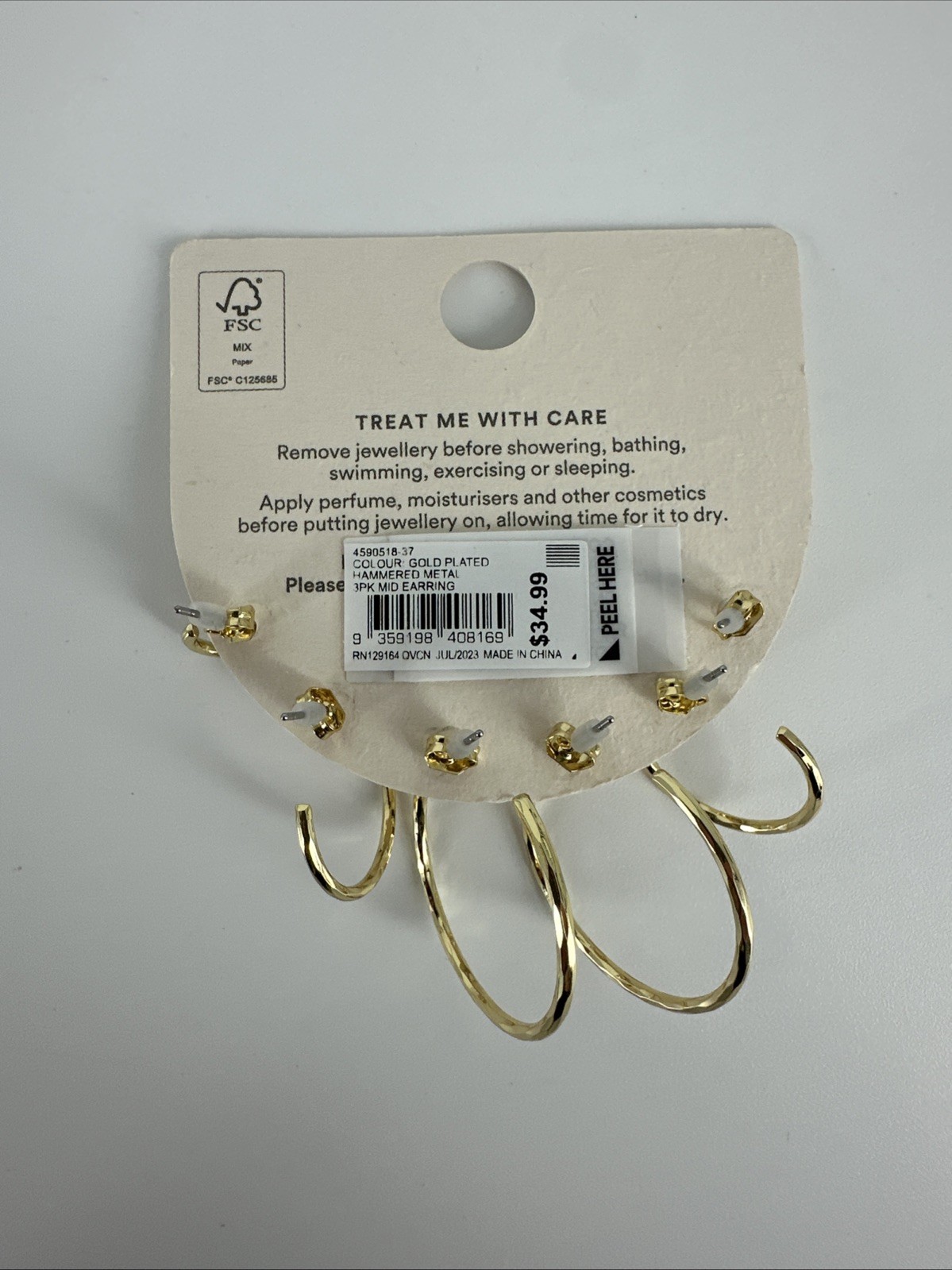3 PAIRS Cotton On Rubi Mid Earring Real Gold Plated Hammered Metal Skinny Hoop