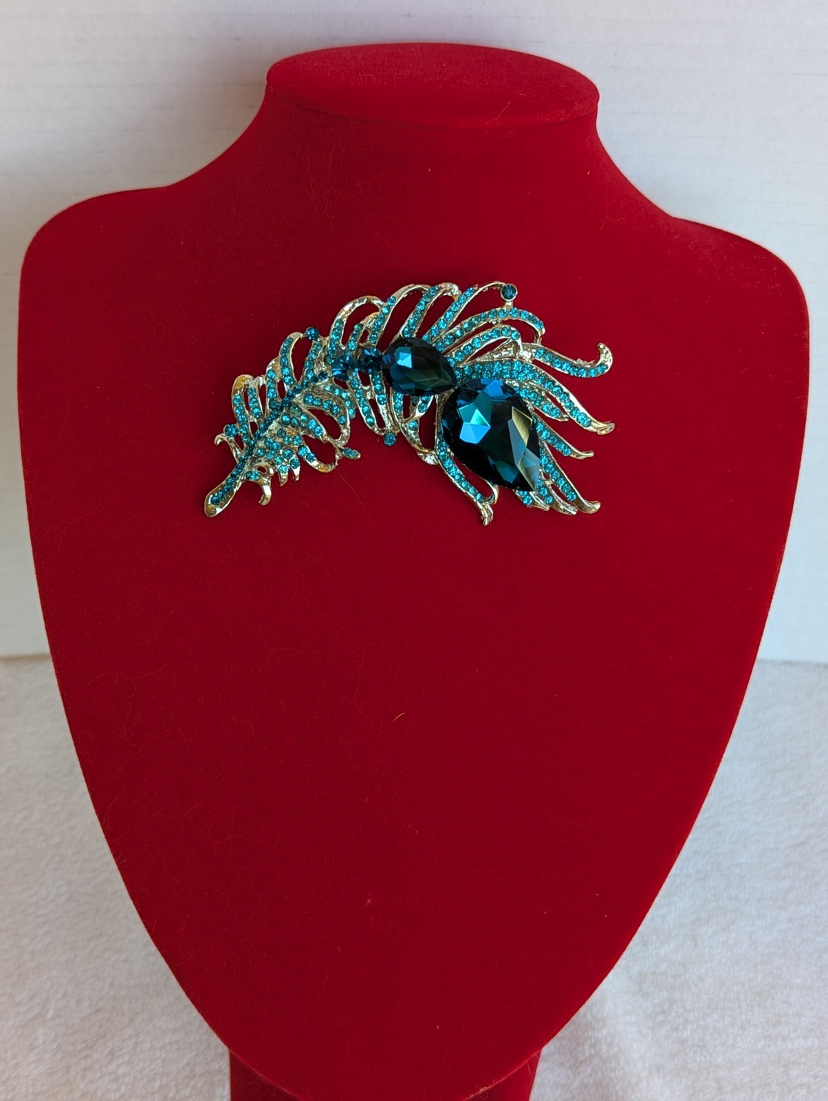 Blue Rhinestone Feather 3 3/4″ x 2 1/4 ” Brooch Pin