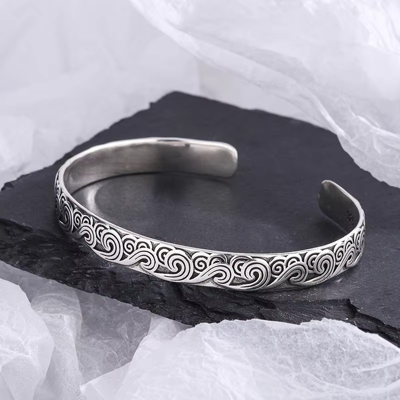 925 Sterling Silver Wave Bracelet Retro Adjustable Bangle Women Jewelry Gift