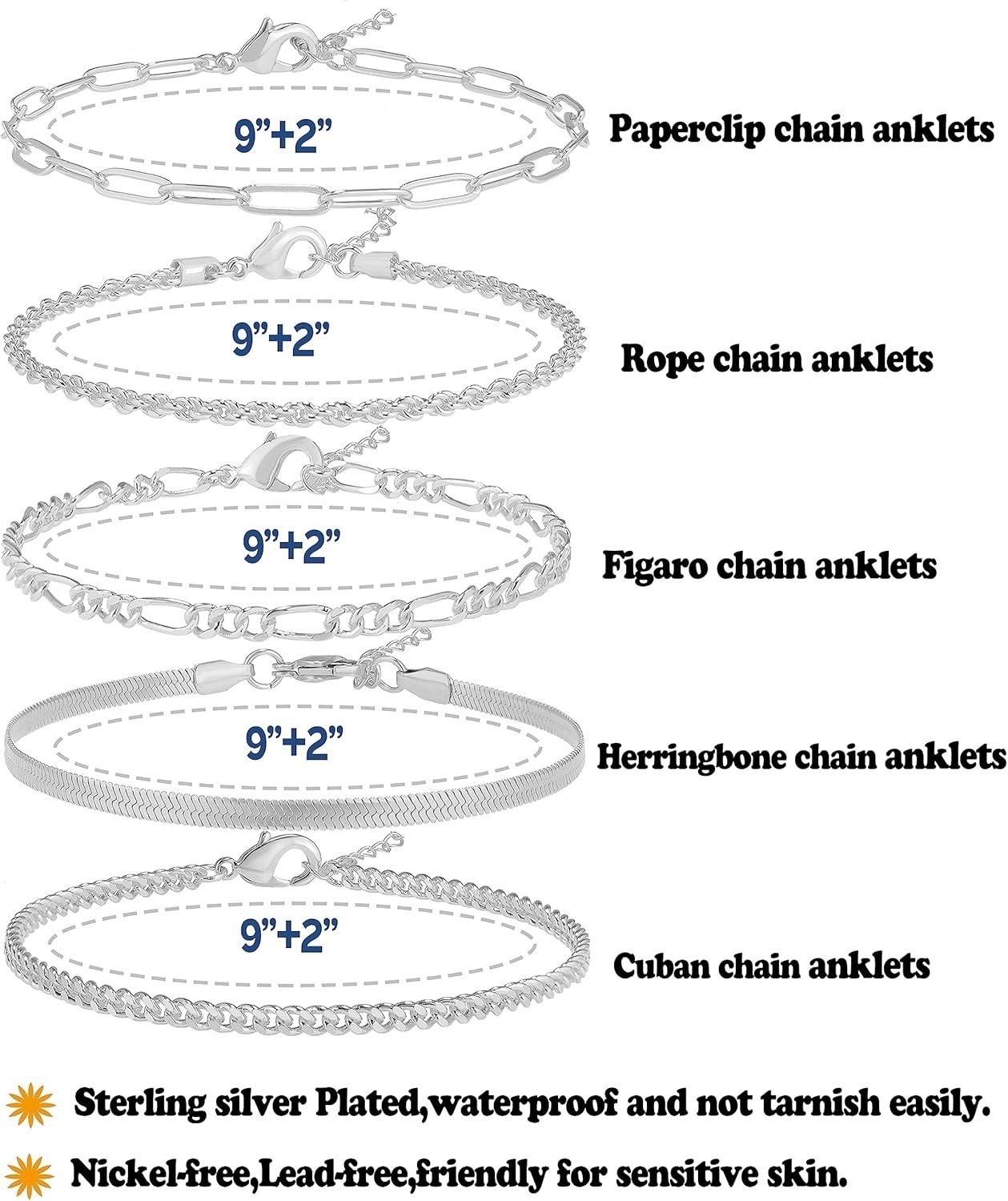 AOZEL Ankle Bracelets for Women, 925 Silver 9 inch Average Size Ankle,