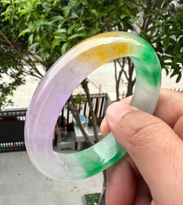 Natural Grade A Jadeite Bangle Tri-Color Green Lavender Yellow Burmese Jade 62mm