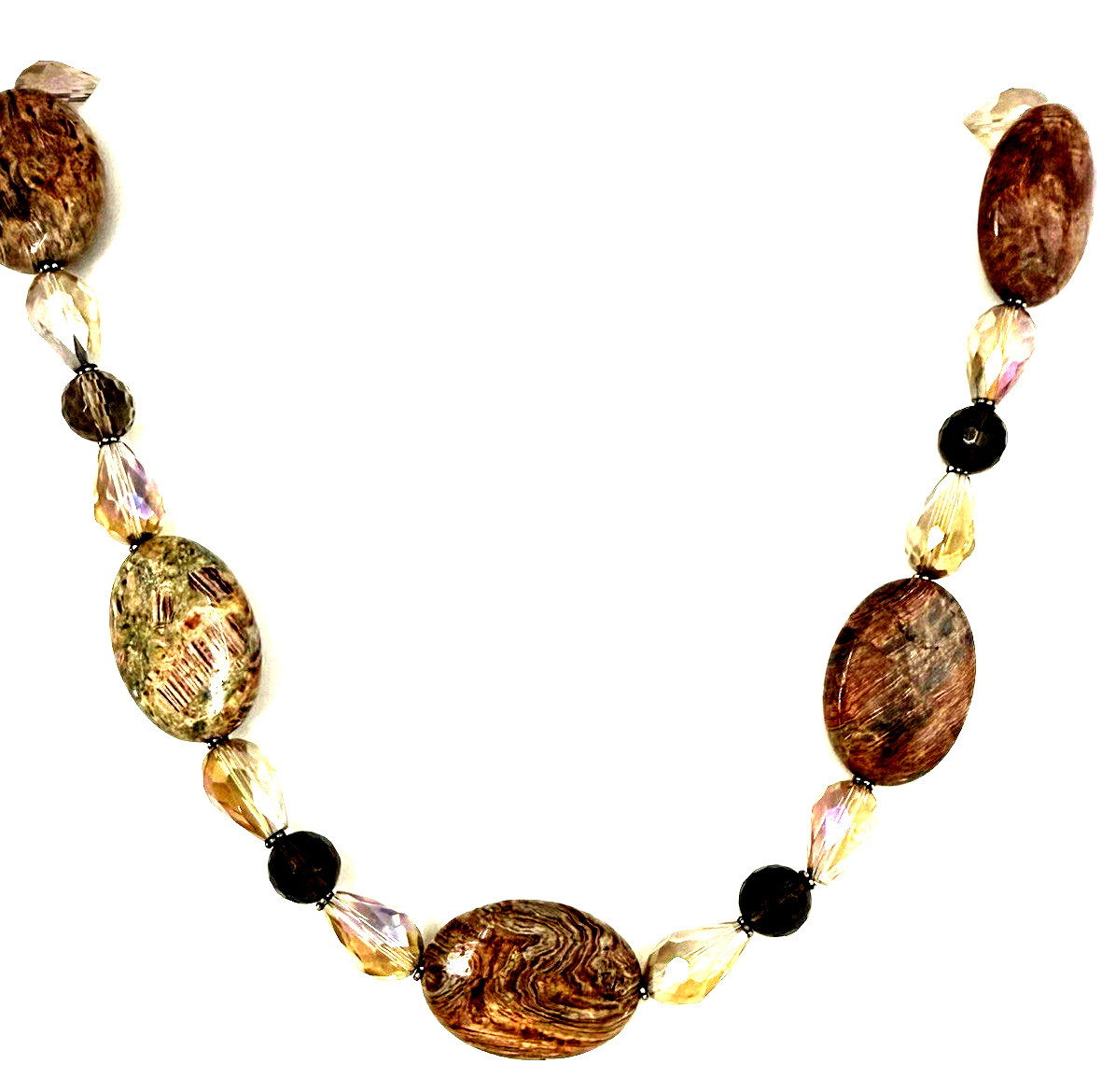 DONNA DRESSLER 17″ Chunky Brown/Orange Agate & Crystal 925 Sterling Necklace