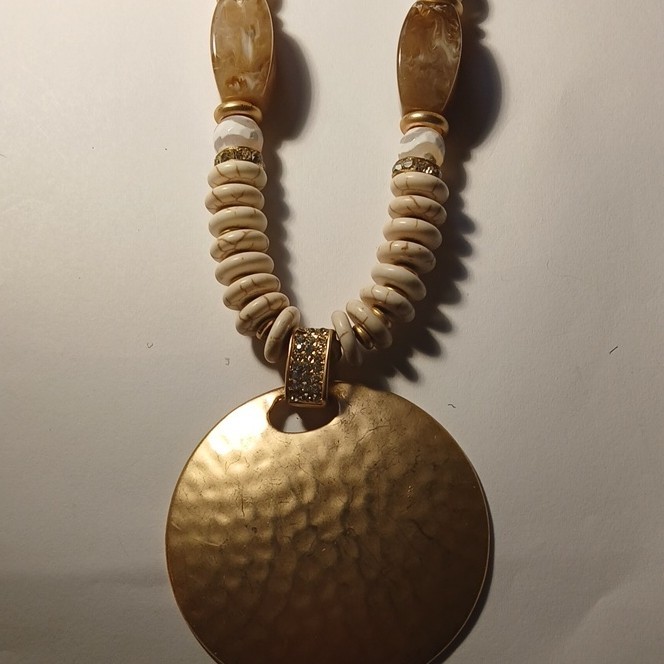 Chico’s statement hammered round pendant necklace with gold link chain, beads