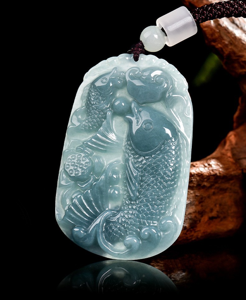 Certified Grade A Natural Jade Jadeite Carved Common Carp Lucky Pendant Necklace