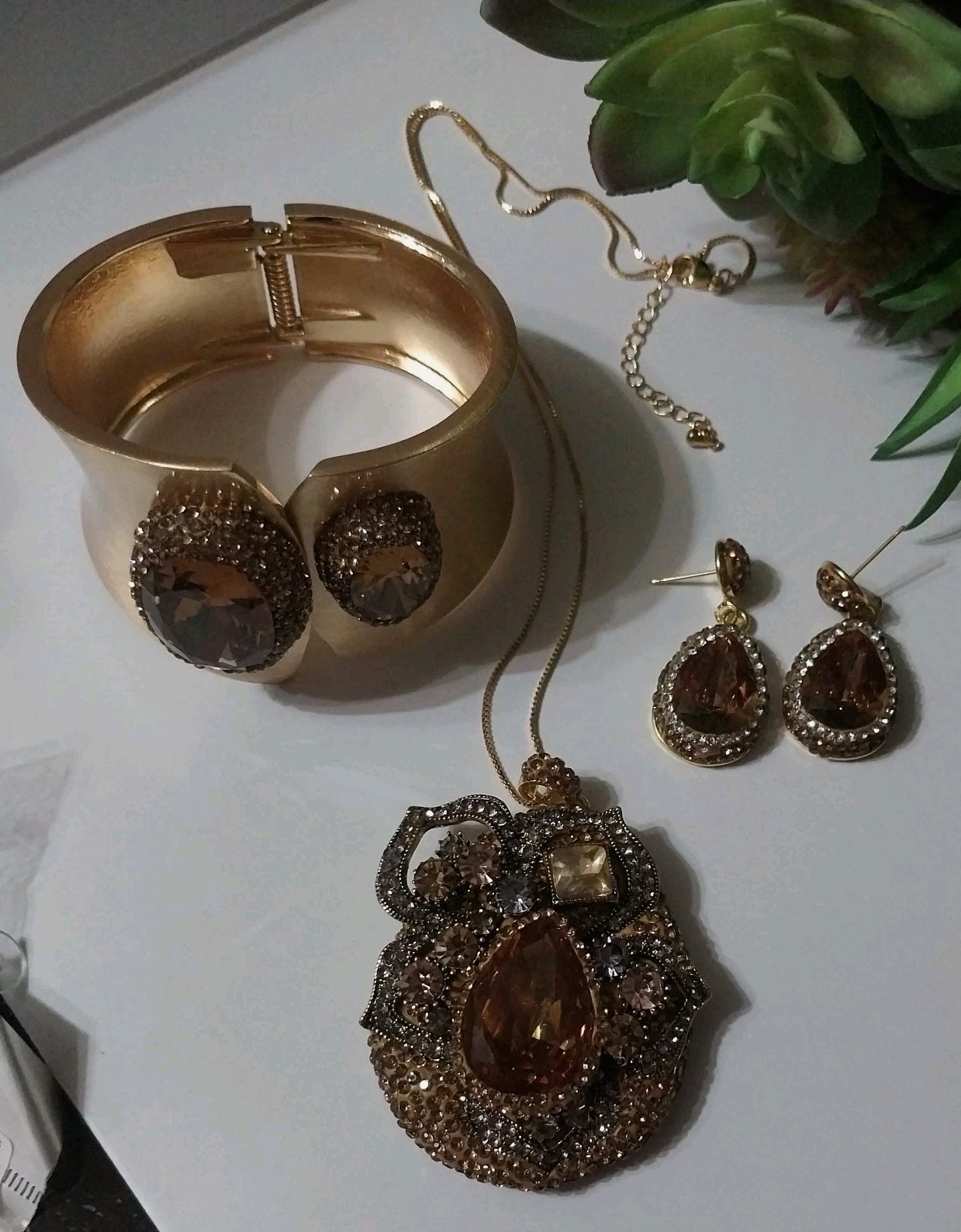 Amber Crystal Necklace, Bracelet & Earrings Set Gold Plated Turkish.