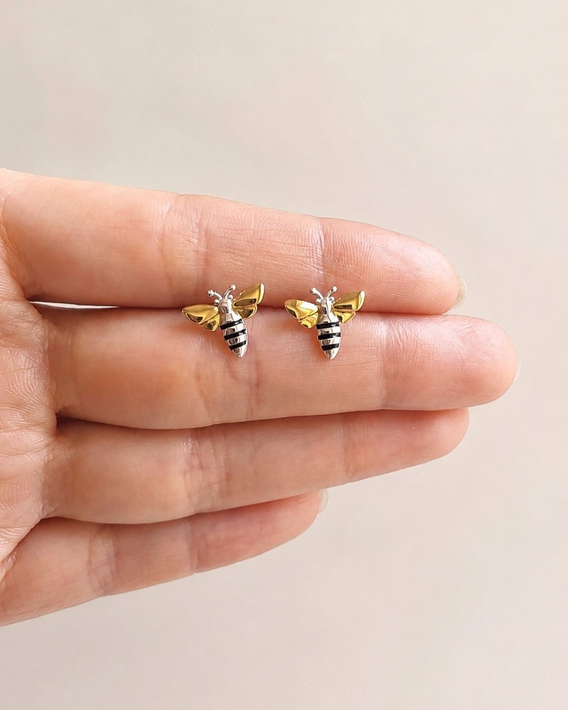 Bee Mixed Metal Earrings 18K Gold Plated 925 Sterling Silver Two Tone Studs