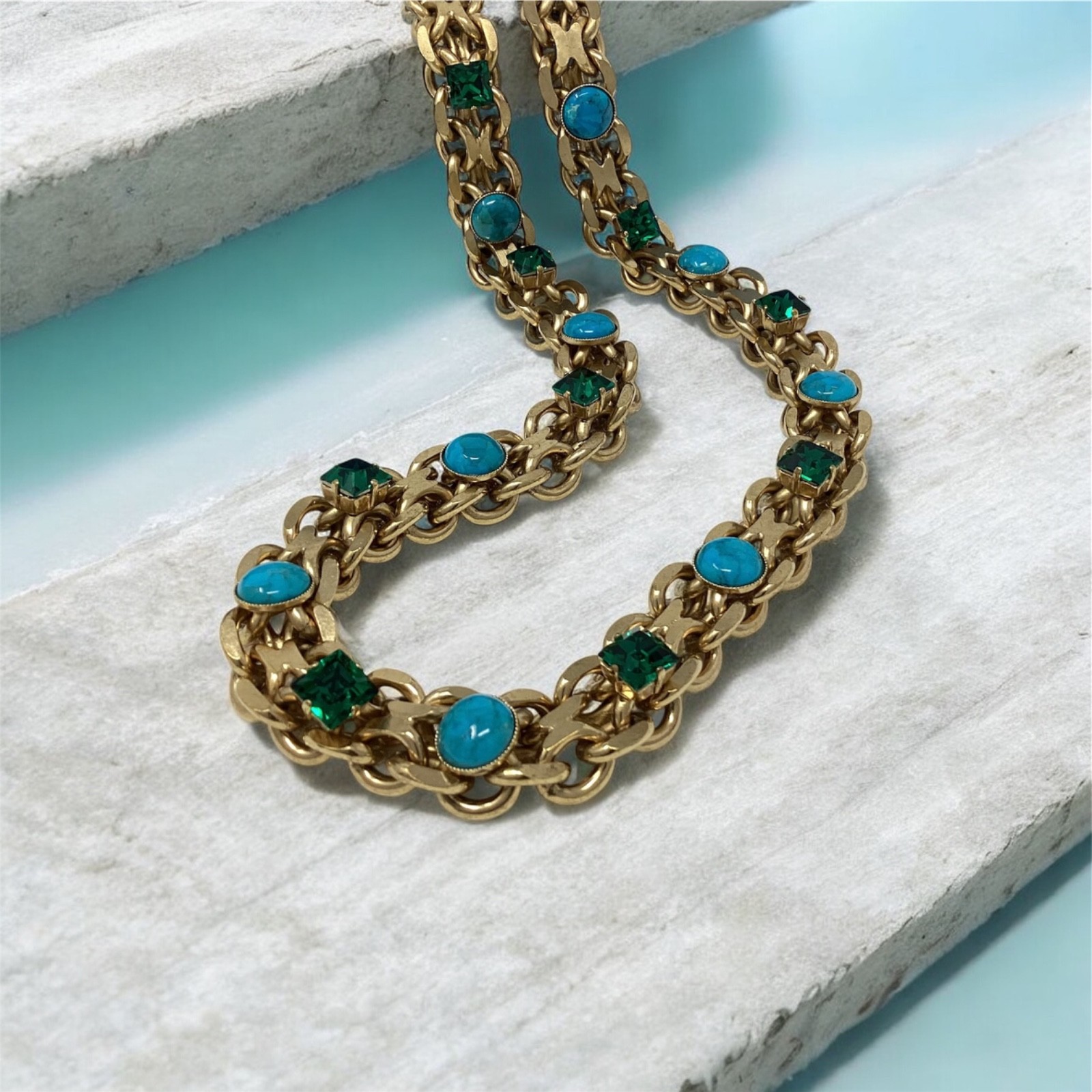 Lanvin Paris Long Necklace / Belt Gold-Tone Turquoise & Green Crystal New + Box
