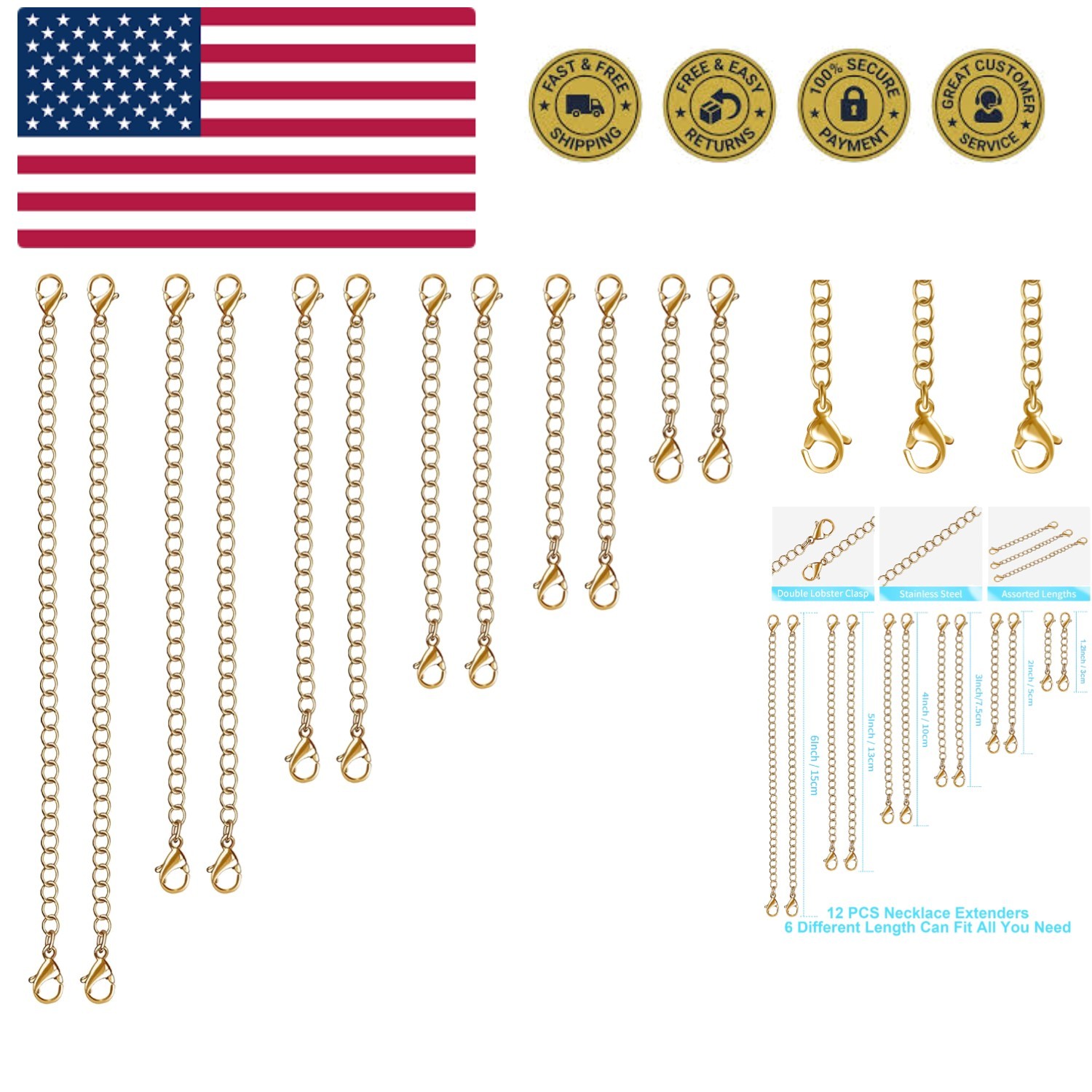 Versatile 12PCS Necklace Extenders in Gold – 1″ to 6″ Stainless Steel Chains