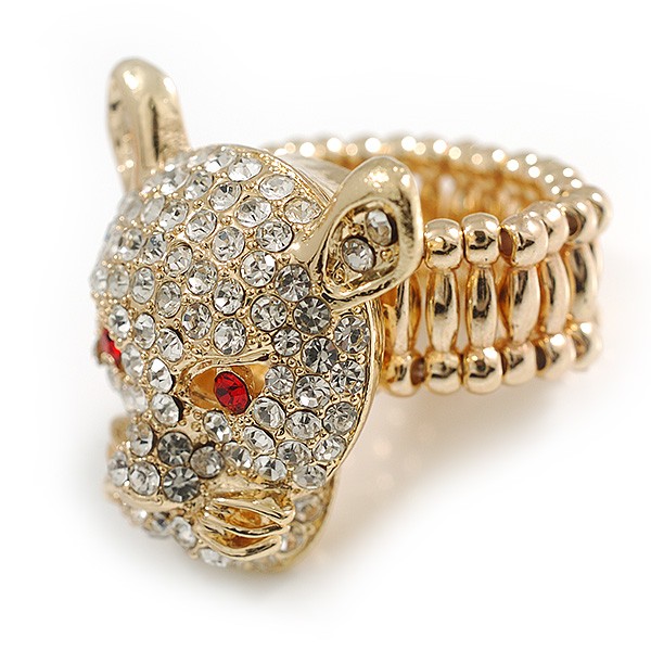 Clear Crystal Leopard Stretch Ring In Gold Plating – 30mm Long – 7/8 Size