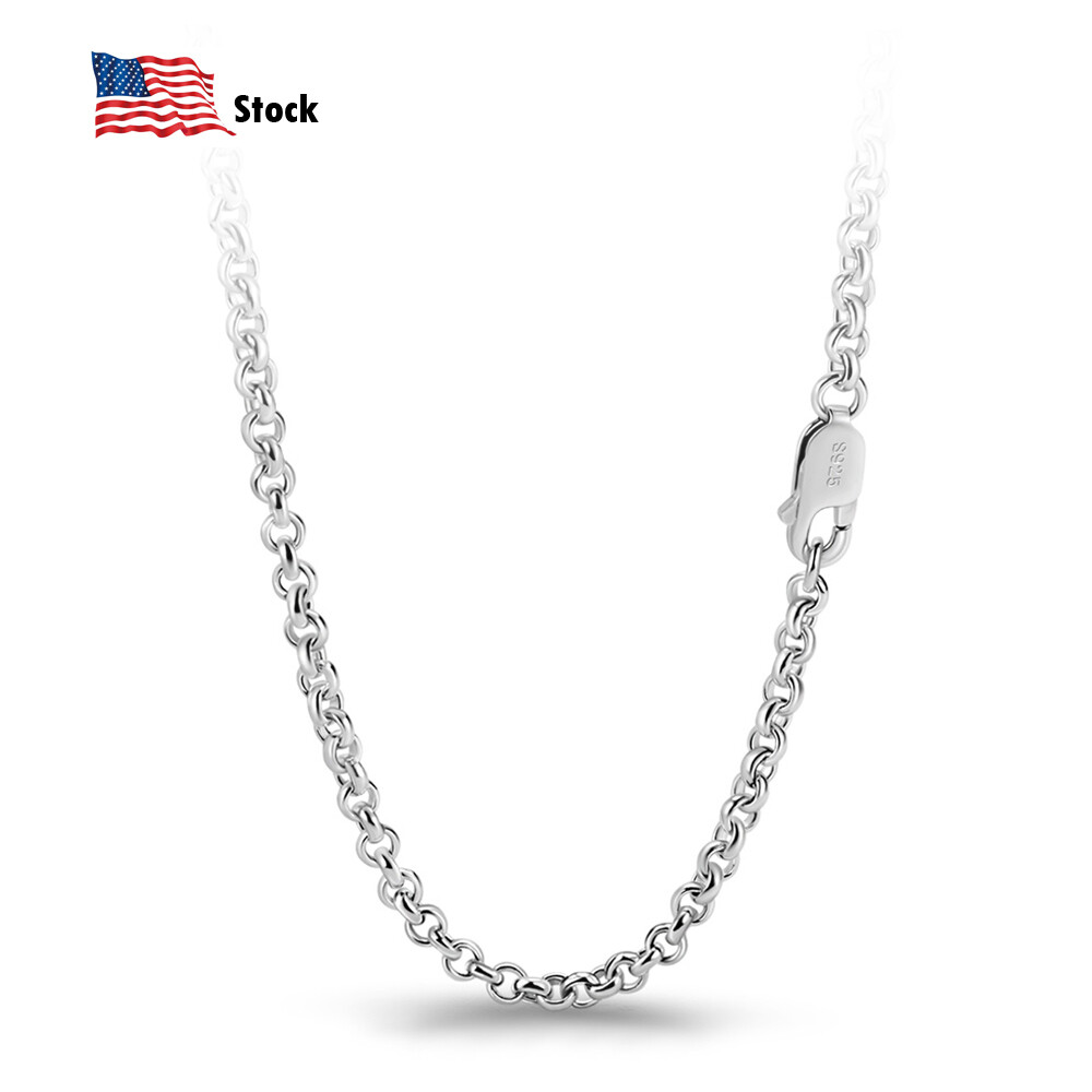 925 Sterling Silver 3mm Rolo Round Cable Chain Necklace 18″ to 28″ for Men Women