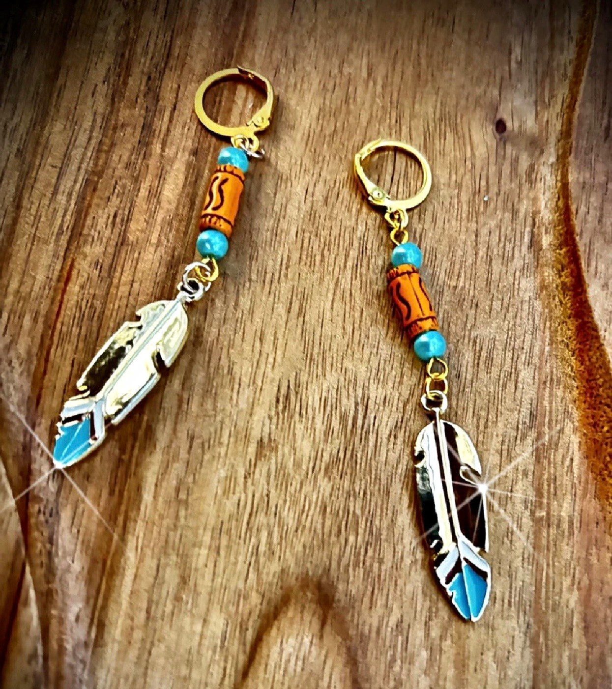 Bohemian Feather Dangle Drop Earrings Metal Hook Closure Gold Silver Blue