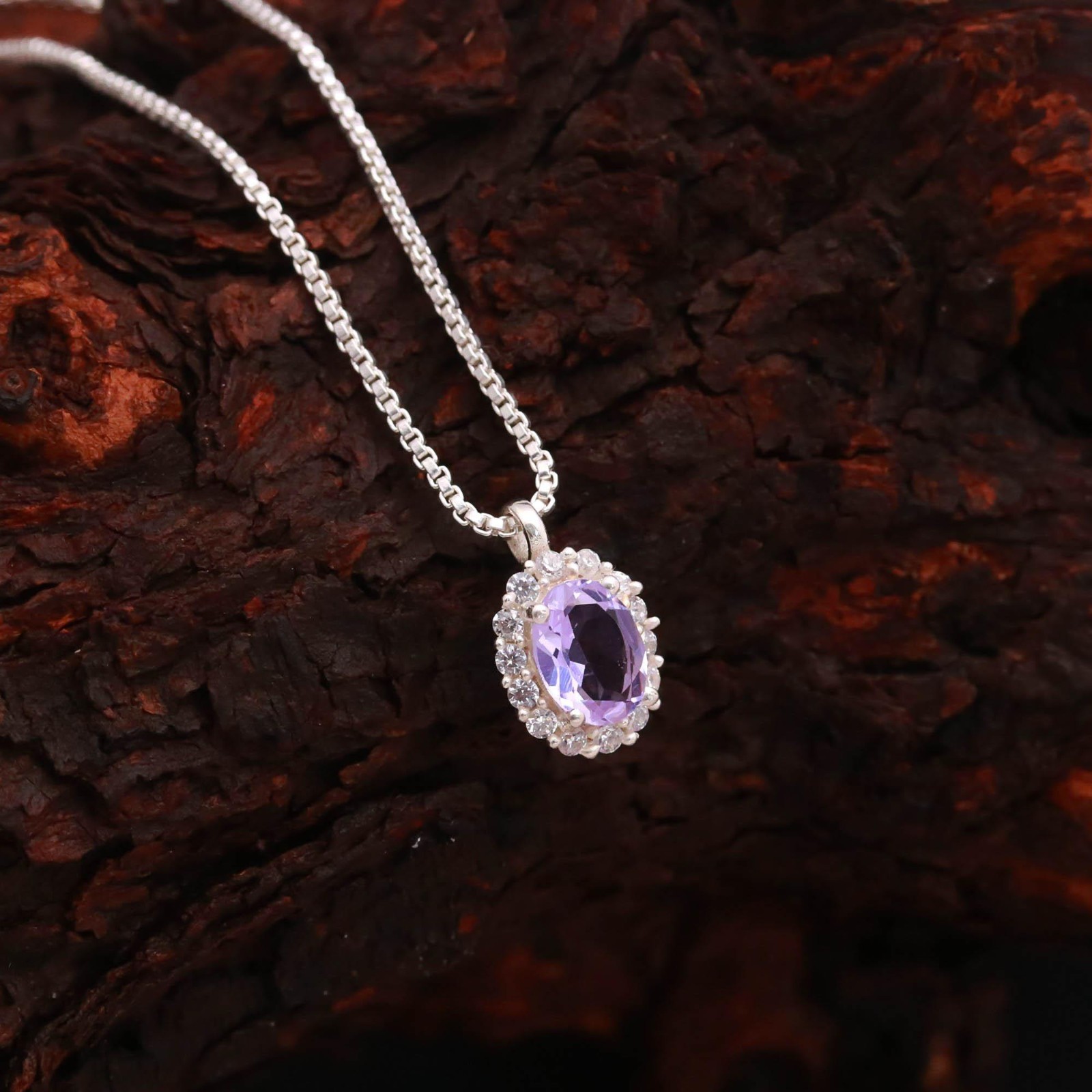 100%Natural Lavender Quartz Oval Necklace 925 Sterling Silver Moissanite Jewelry