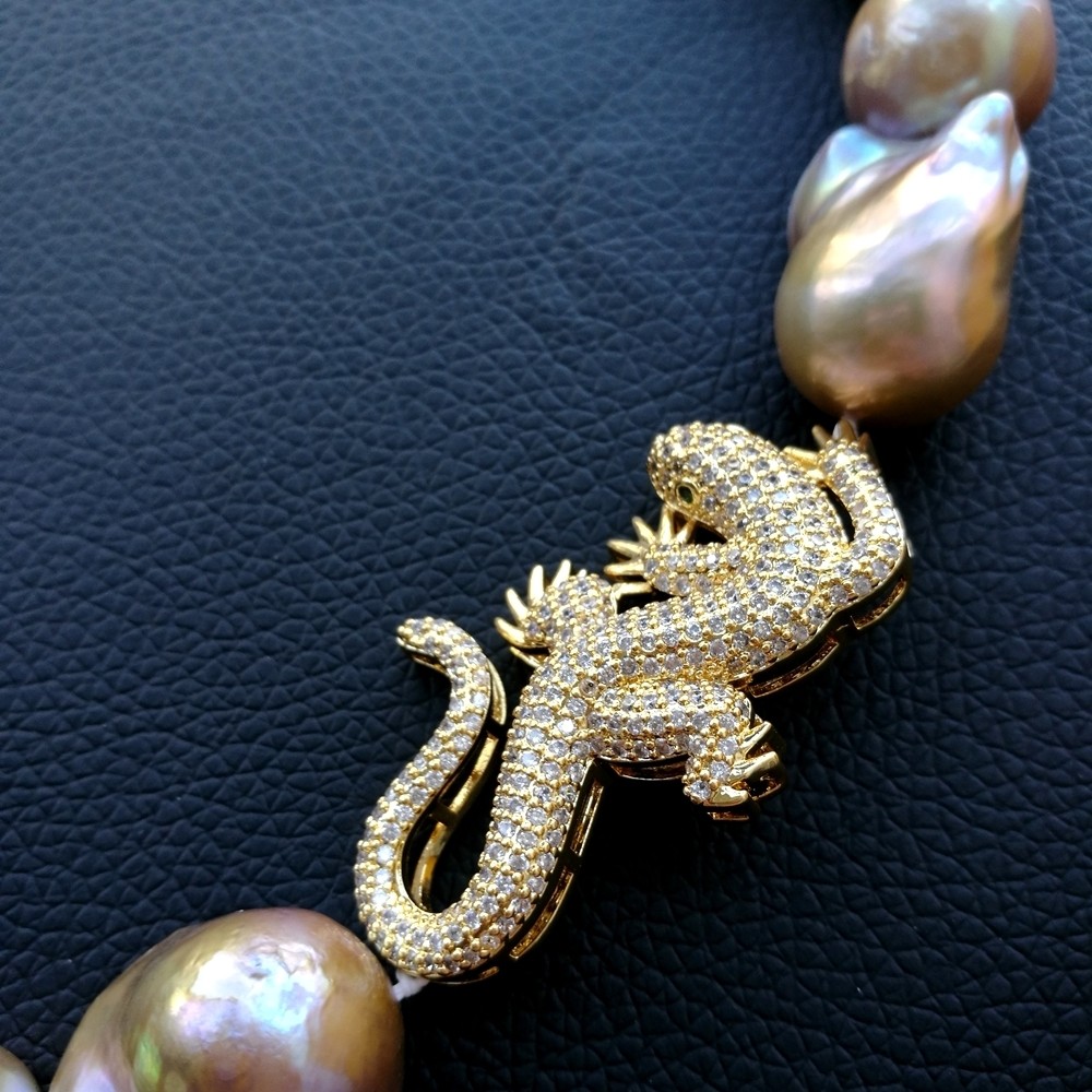 19″ 16x23MM Purple Keshi Pearl CZ Lizard Connector Necklace