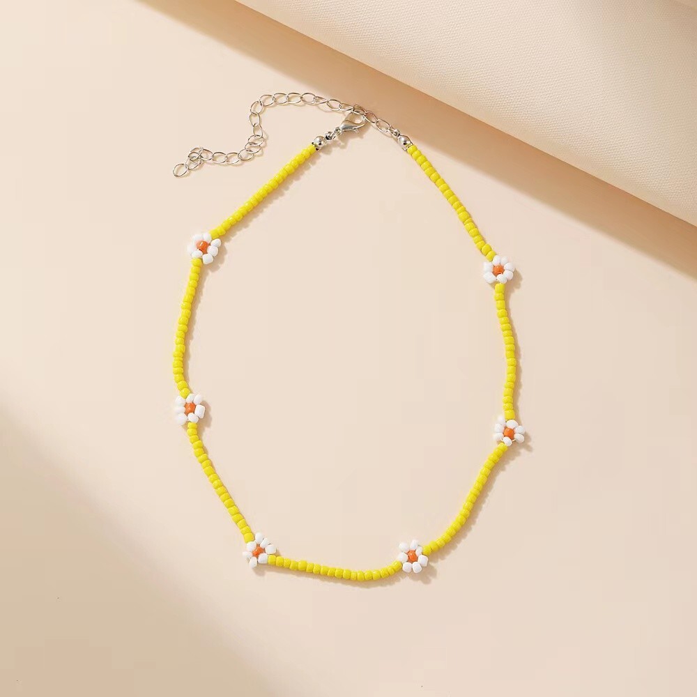 Bohemian Flower Yellow Beaded Choker Necklace Women’s Girl’s Jewelry Chain 20″