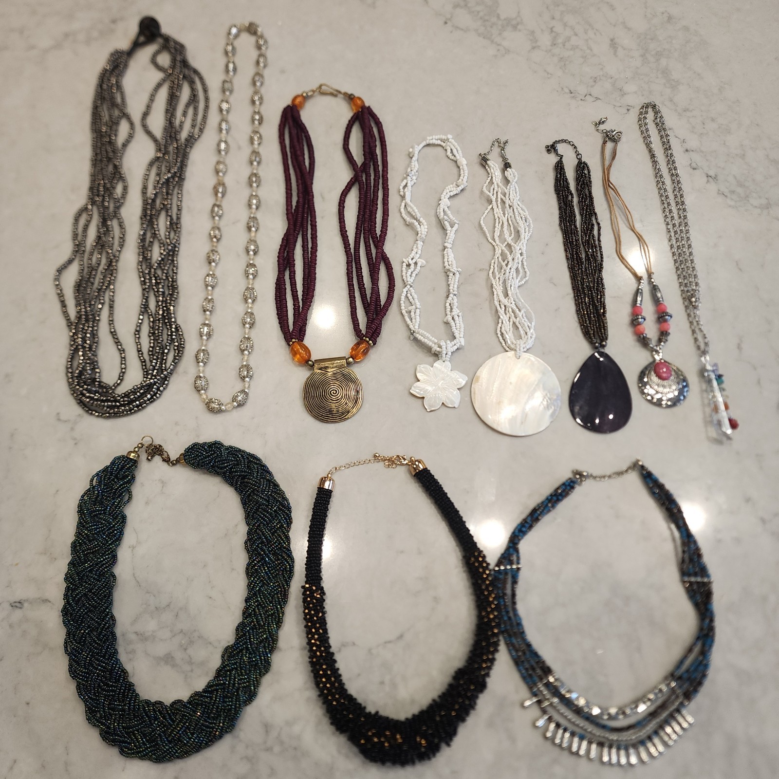 11 Piece Necklaces Lot – Multi-Style Statement Beaded Shell Metal Necklaces