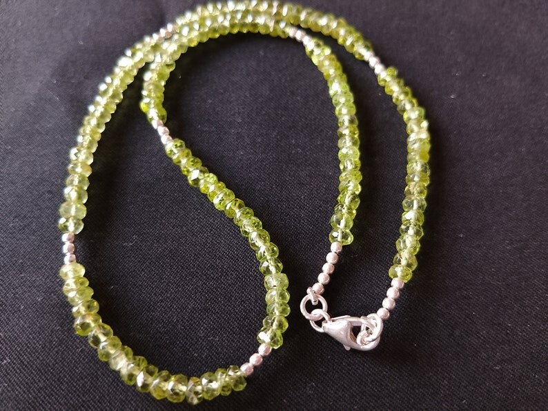 A++ Natural Peridot Faceted Rondelle Gemstone Silver Filled Beads Necklaces 24”