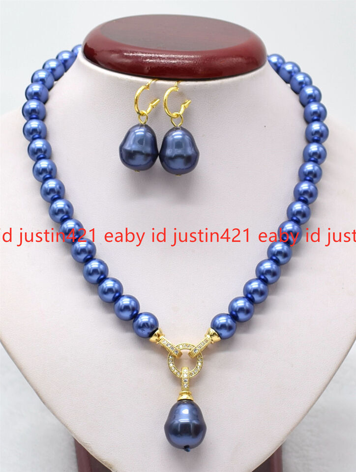 Genuine 8mm Blue South Sea Shell Pearl Baroque Pendant Necklace Earrings 20″ AAA